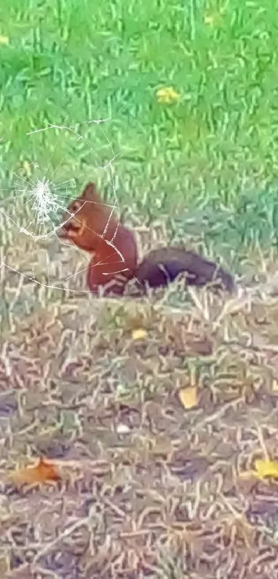 Squirrel in grass with autumn colors.