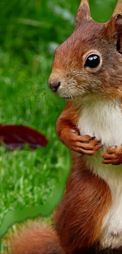 Cute squirrel standing on lush green grass.