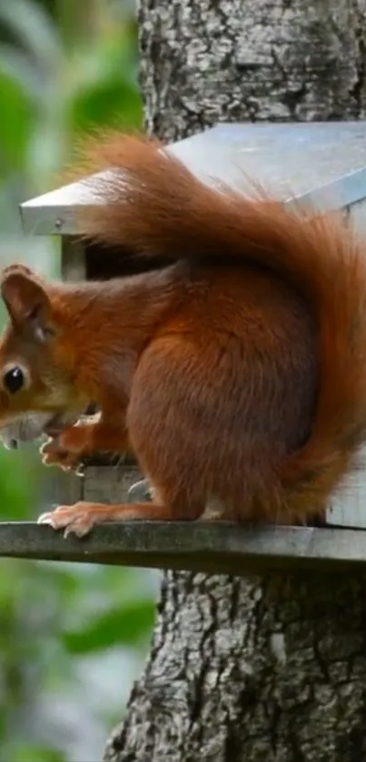 Squirrel perched on a tree platform in nature, ideal for mobile wallpaper.