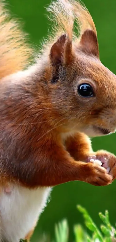 Vibrant squirrel on lush green background, perfect for nature wallpaper.