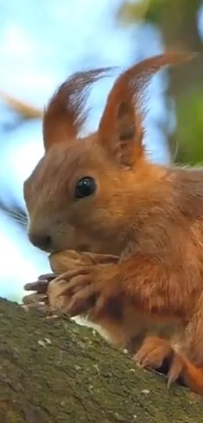 Squirrel on a tree enjoying a nut in nature.