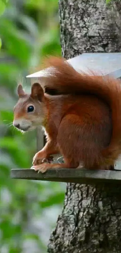 Squirrel perched on a tree in vibrant greenery.