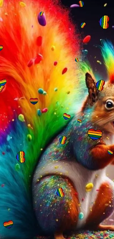 Colorful squirrel with a rainbow tail and vibrant background.