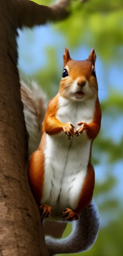 Curious squirrel perched on a tree against a blurred natural background.