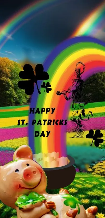 Happy St. Patrick's Day wallpaper with rainbows and shamrocks.