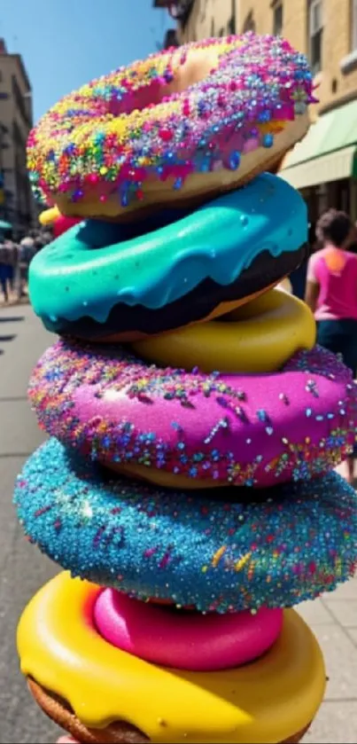 A vibrant, colorful stack of donuts with sprinkles in a lively street setting.