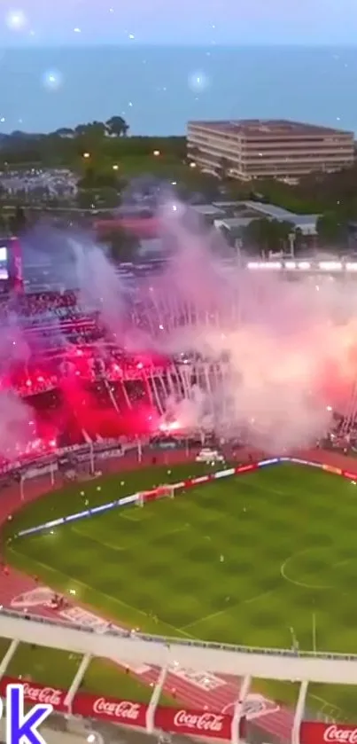 Vibrant celebration at a sports stadium with fireworks and crowd.