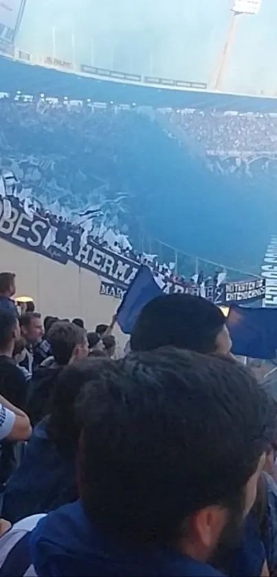 Lively stadium scene with cheering football fans and vibrant blue colors.