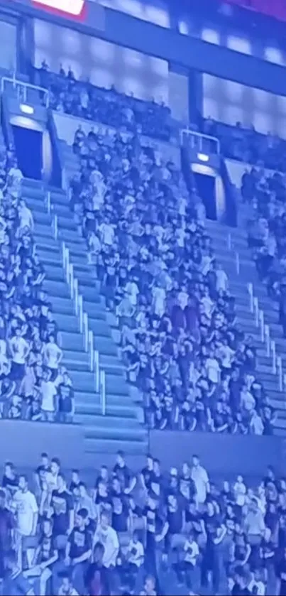 Vibrant crowd in a blue-lit stadium capturing live event energy.