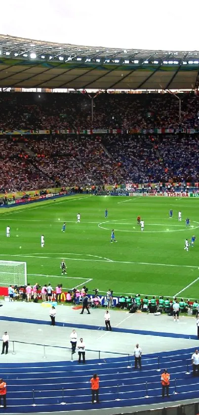 A vibrant football stadium filled with fans watching an exciting live match.