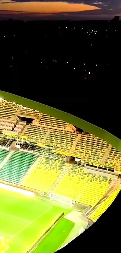 Vibrant stadium with night lights and colorful seating captured in a dynamic view.