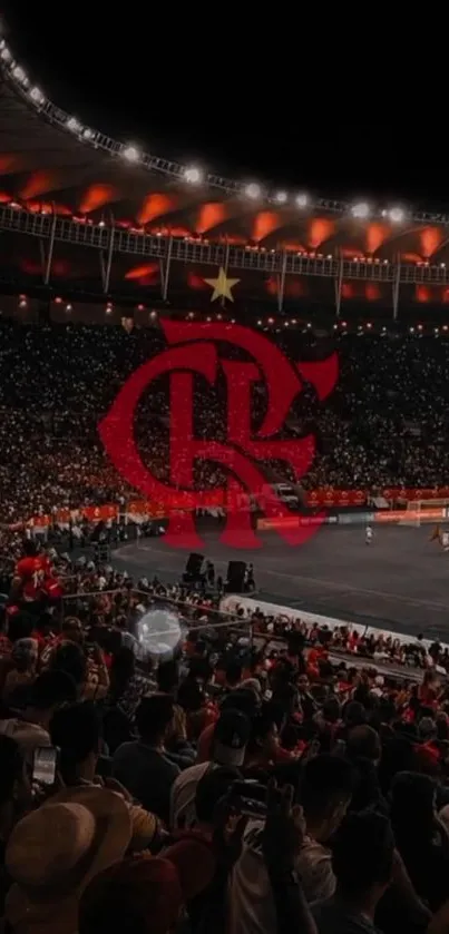 Vibrant night view of crowded stadium with red and black accents.