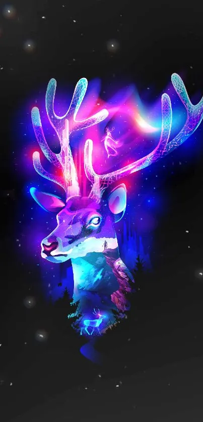 Neon stag glowing in vibrant colors on a dark background for phone wallpaper.