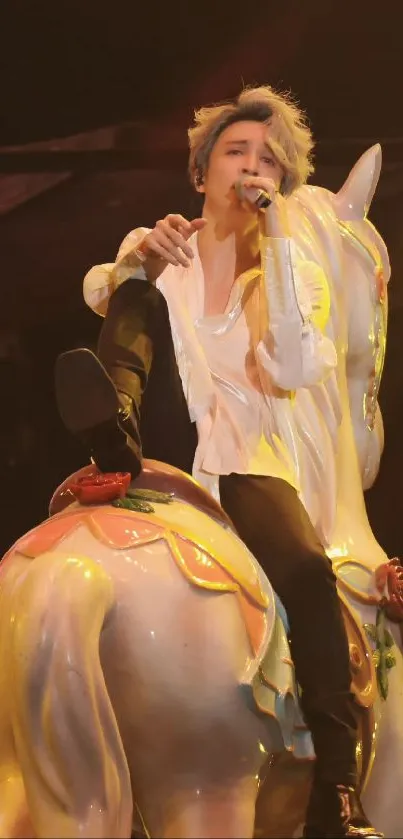 Artist performing on a carousel horse with vibrant lighting.