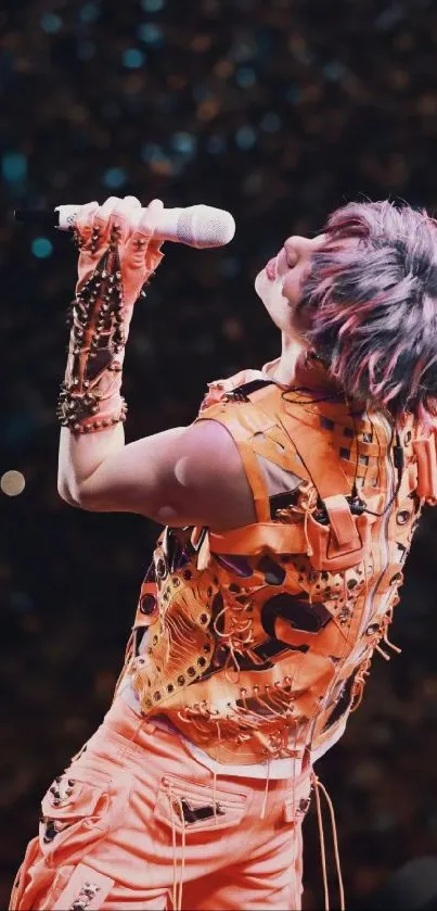 Dynamic performer in vibrant orange attire on stage.