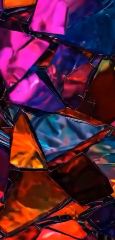 Colorful abstract stained glass pieces forming a vibrant pattern.