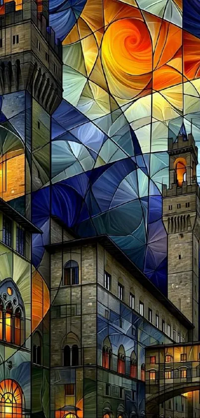 Stained glass artwork of architectural buildings in vibrant colors.