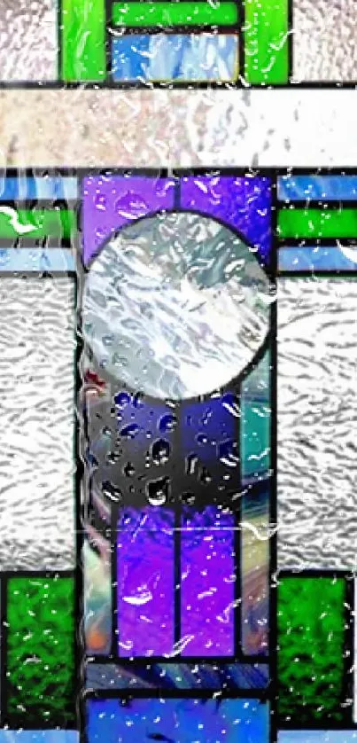 Vibrant stained glass wallpaper with geometric patterns in purple, blue, and green.