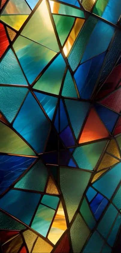 Colorful stained glass with geometric shapes in vibrant hues.