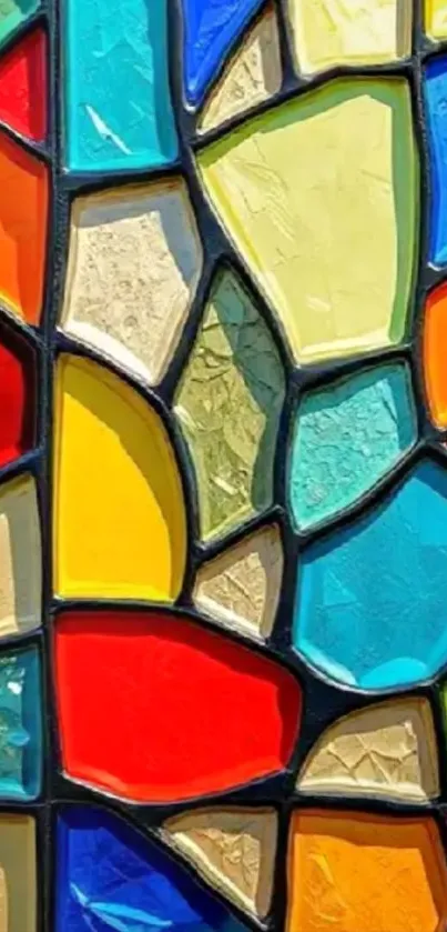 Colorful stained glass with geometric shapes.