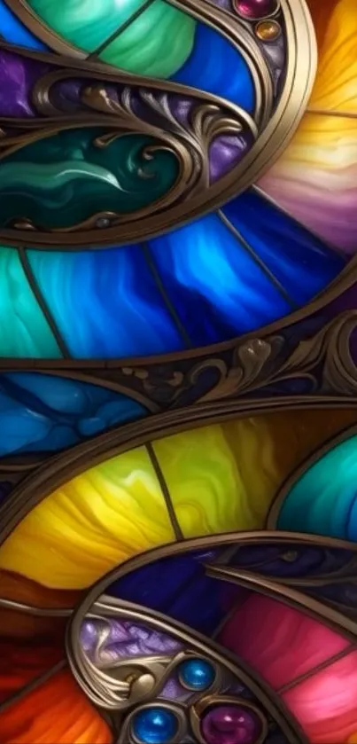 Vibrant stained glass art mobile wallpaper with swirling colors.