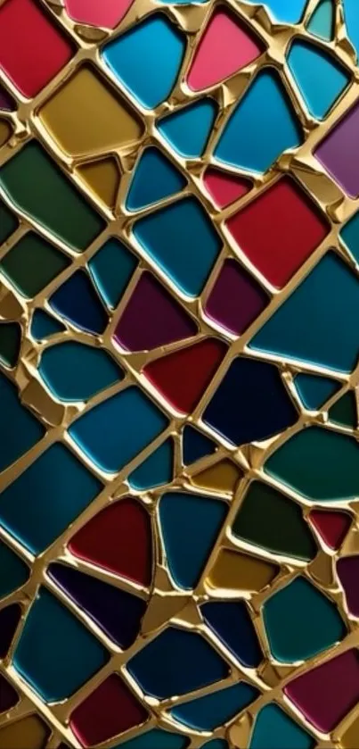 Vibrant stained glass wallpaper with gold outlines and colorful patterns.