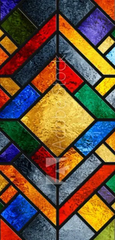 Vibrant stained glass pattern with geometric design in multicolored hues.