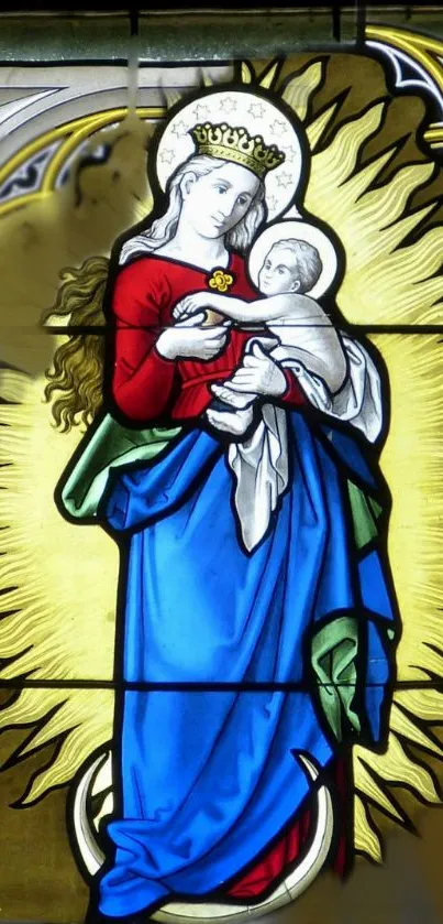 Stained glass art of mother and child with vibrant colors.