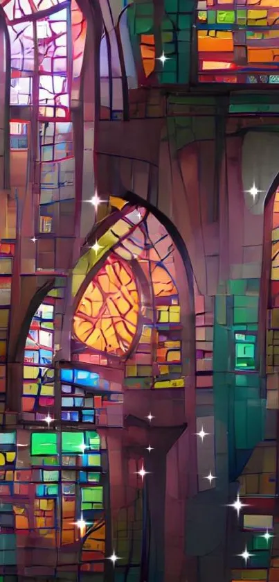 Vibrant stained glass window art with colorful abstract patterns.