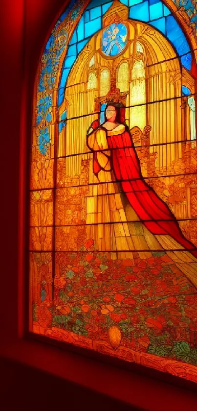 Intricate stained glass with vibrant red and orange colors.