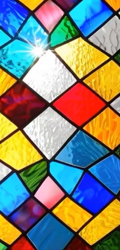Vibrant stained glass design with geometric patterns and bright colors.