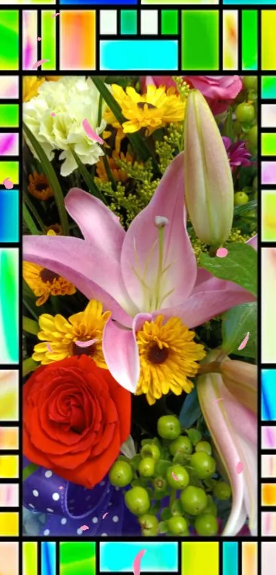 Vibrant stained glass floral mobile wallpaper with colorful blooms.