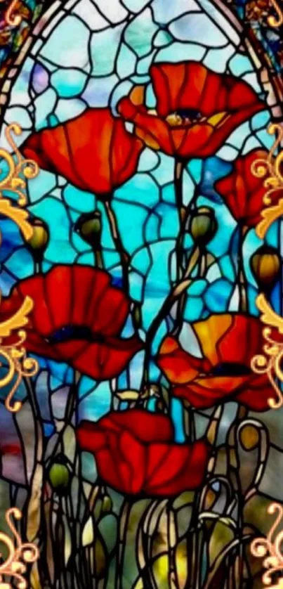 Stained glass artwork with vibrant red flowers and ornate design.