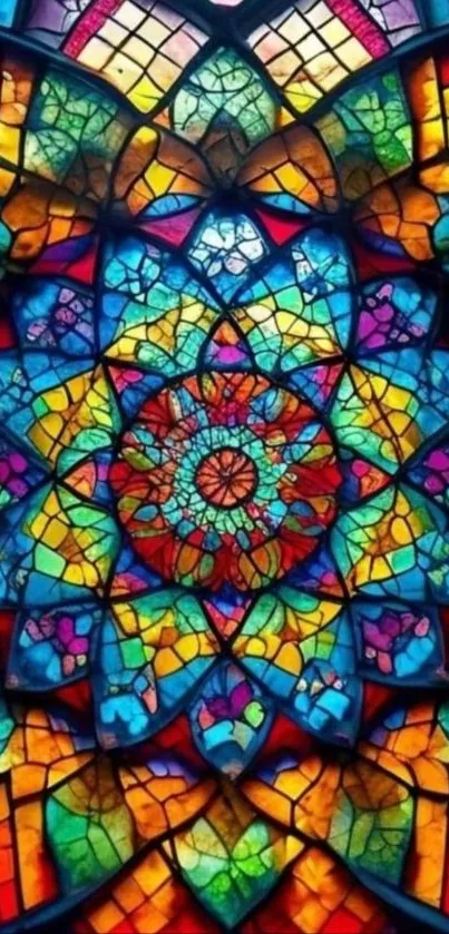 Vibrant stained glass with intricate geometric patterns.