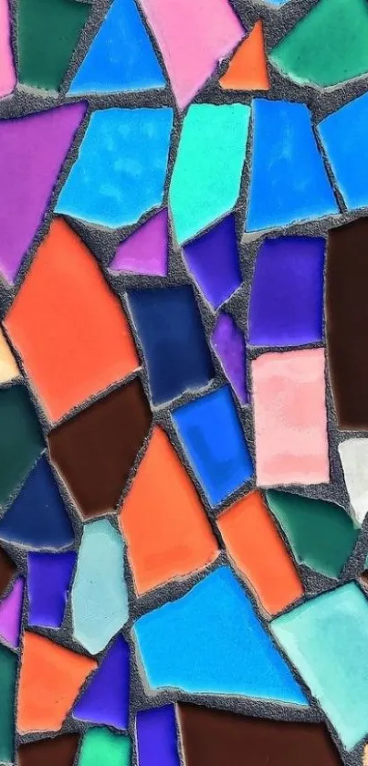 Vibrant stained glass mosaic wallpaper in blues and pinks.