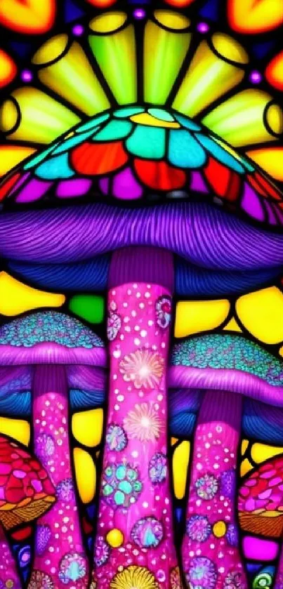 Stained glass artwork of colorful mushrooms with a vibrant sunburst.