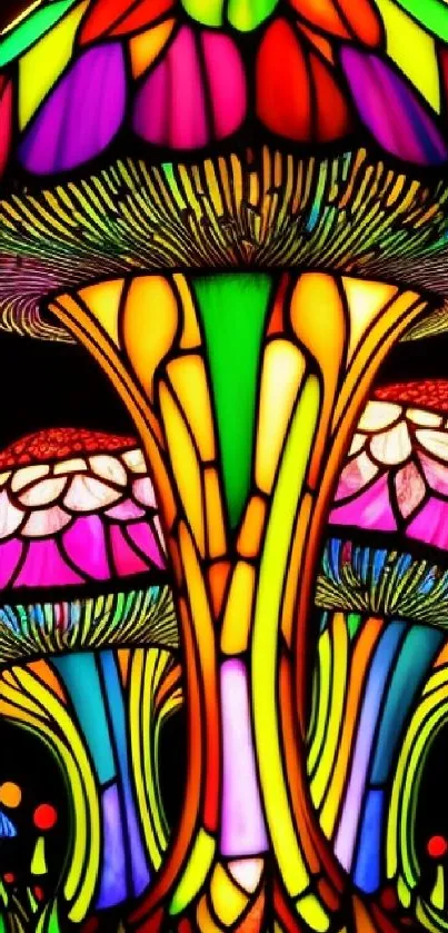 Vibrant stained glass mushrooms in psychedelic colors.