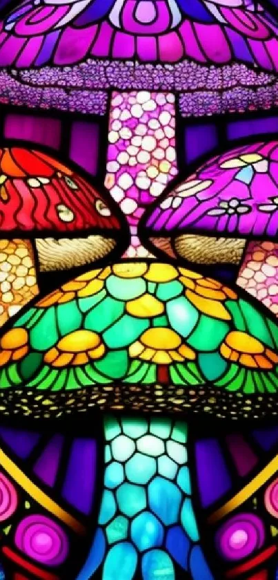 Vibrant stained glass art of colorful mushrooms.