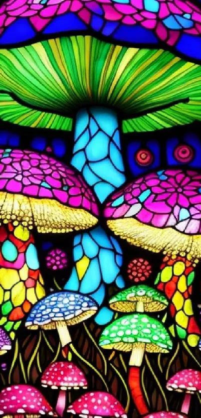 Vibrant stained glass mushrooms in colorful artistic design.