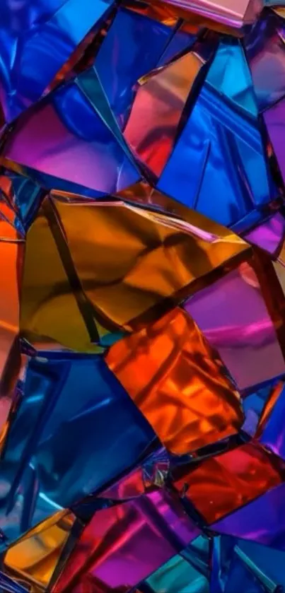 Vibrant abstract stained glass pattern with colorful geometric shapes.