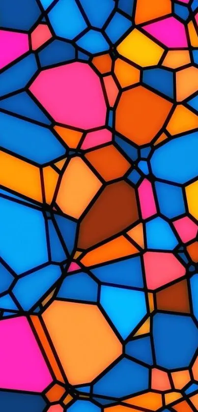 Vibrant stained glass pattern with blue, orange, and pink colors.