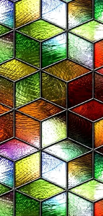 Stained glass geometric pattern with vibrant colors.