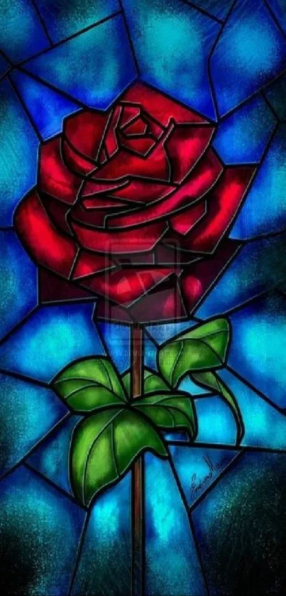 Stained glass design featuring a vibrant red rose and blue background.