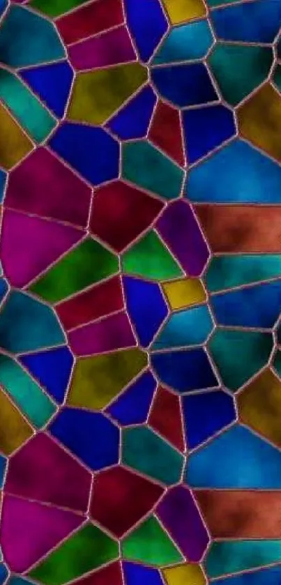 Colorful stained glass with geometric patterns.