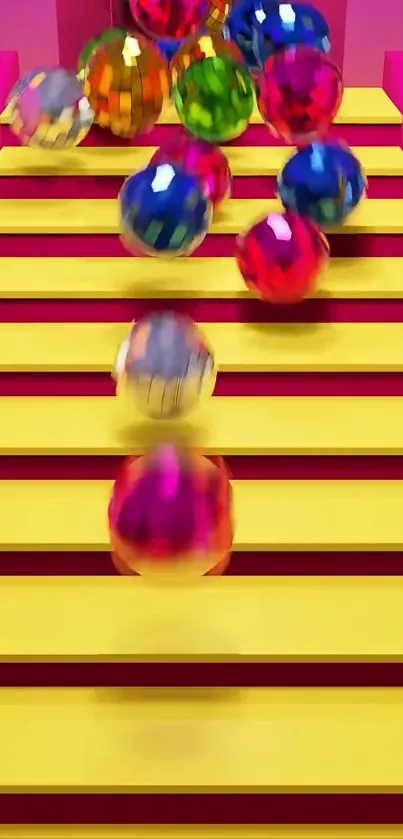 Colorful spheres bouncing down yellow stairs in vibrant wallpaper.