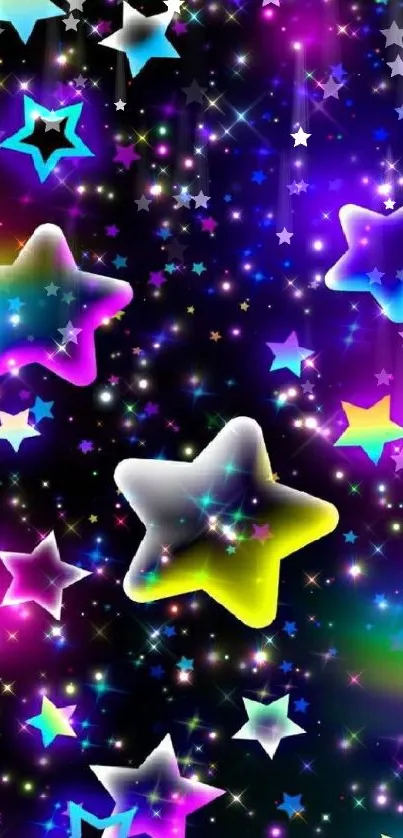 Vibrant neon galaxy wallpaper with colorful stars and sparkles.