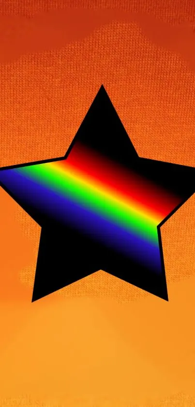 Black star with rainbow gradient on orange background.