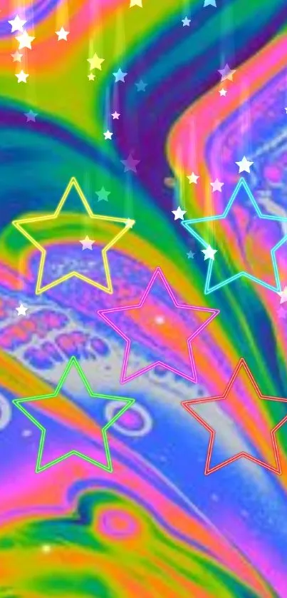 Psychedelic neon wallpaper with stars.