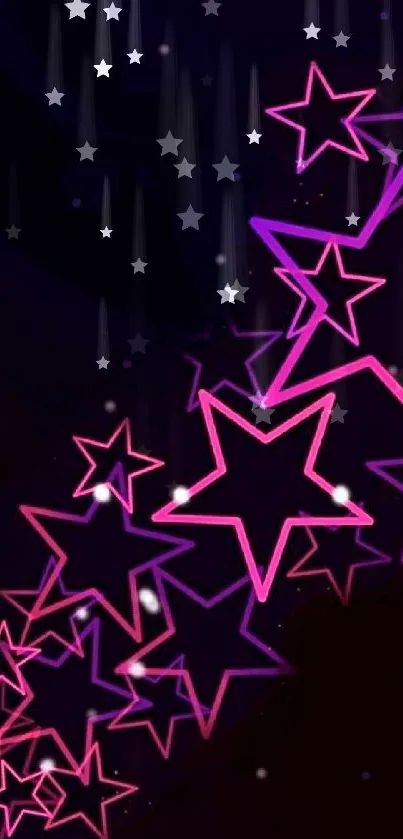 Neon stars with pink and purple outlines on a dark background.