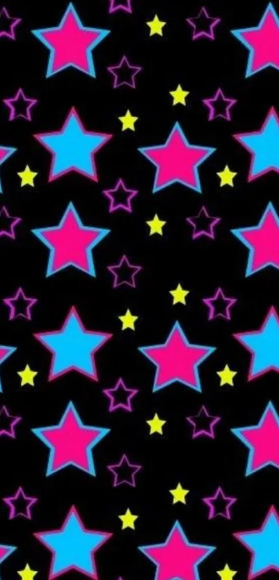 Vibrant star pattern with pink, blue, and yellow stars on black background.